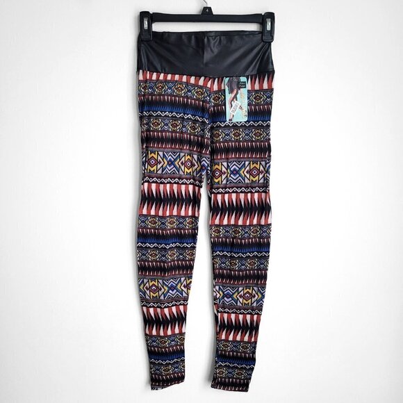 NWT Geometric Aztec Ethnic Boho Print Faux Leather Waist Multicolor Leggings - Picture 2 of 7
